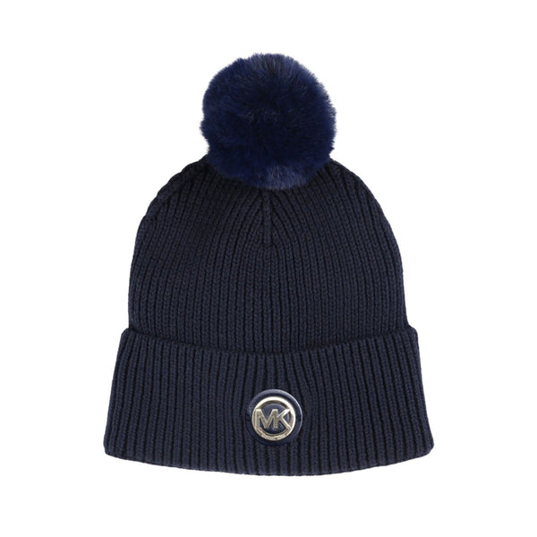 Girls Navy Blue Applique-Logo Ribbed Beanie
