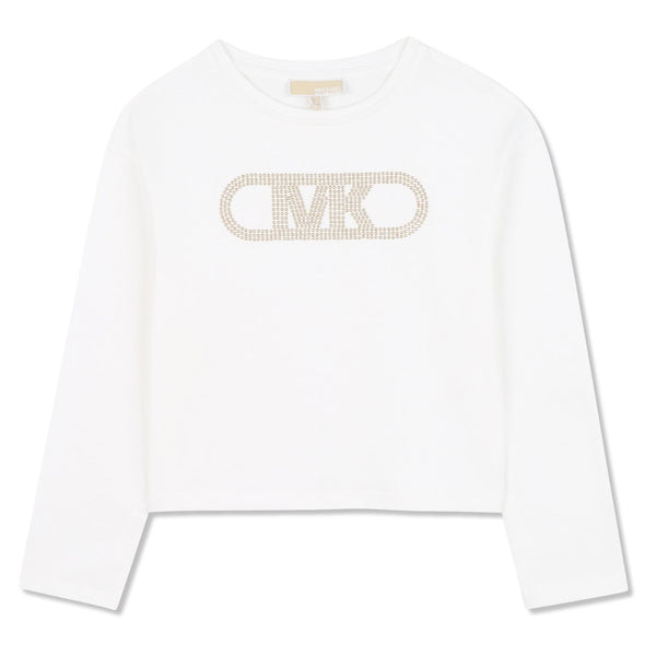 Girls White Rhinestone Logo-Print T-Shirts