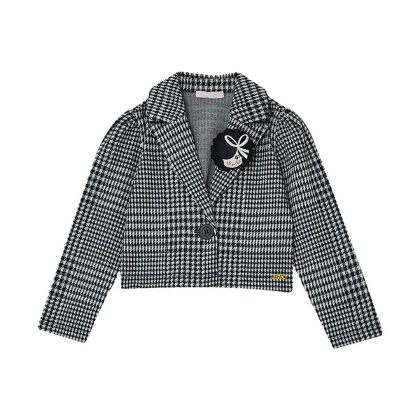 Girls Black Houndstooth Blazer With Brooch