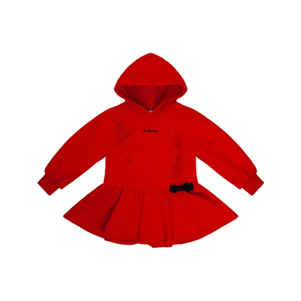 Girls Red Logo Print Hooded Dress