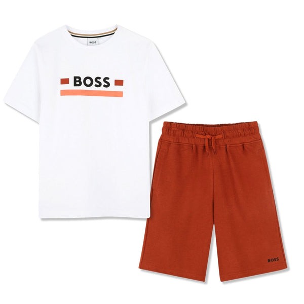 Boys White & Red Logo-Print Short Set