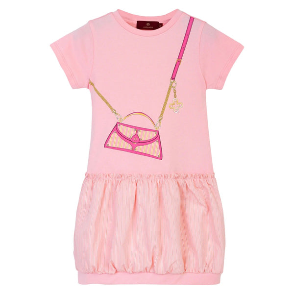 Girls Pink Cotton Handbag-Print Dress