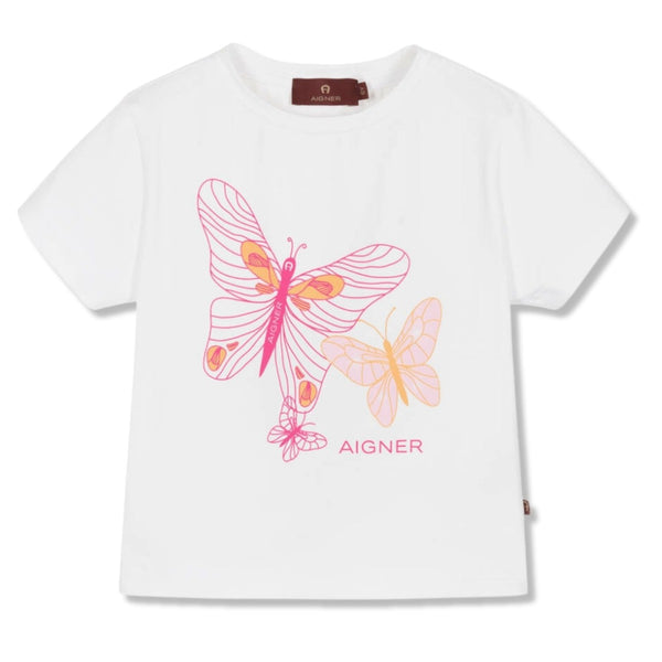 Girls White Cotton Butterfly-Print T-Shirt
