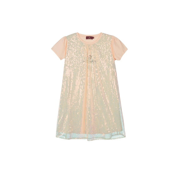 Girls Peach Sequin Logo Dress