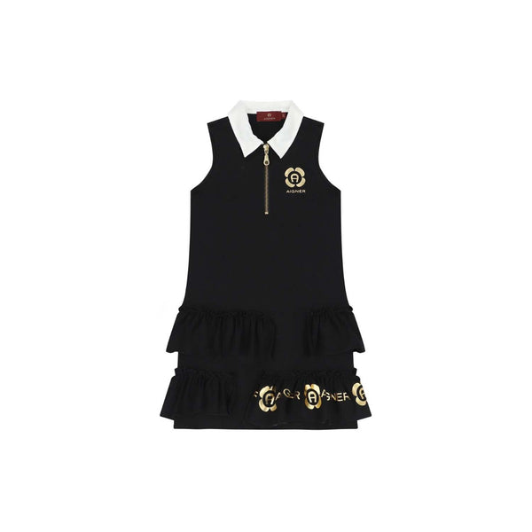 Girls Black Cotton Logo Dress