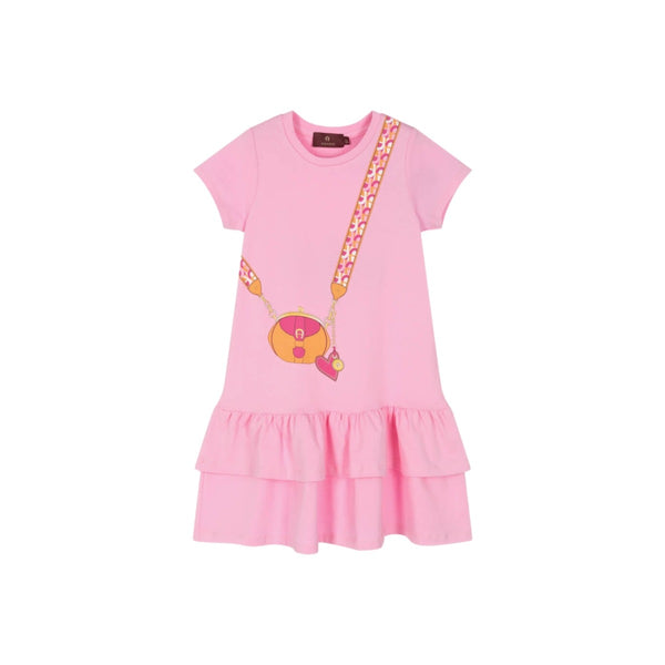 Girls Pink Handbag Print Cotton Dress