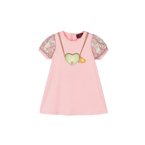 Girls Pink Cotton Sequined Sleeve Dress