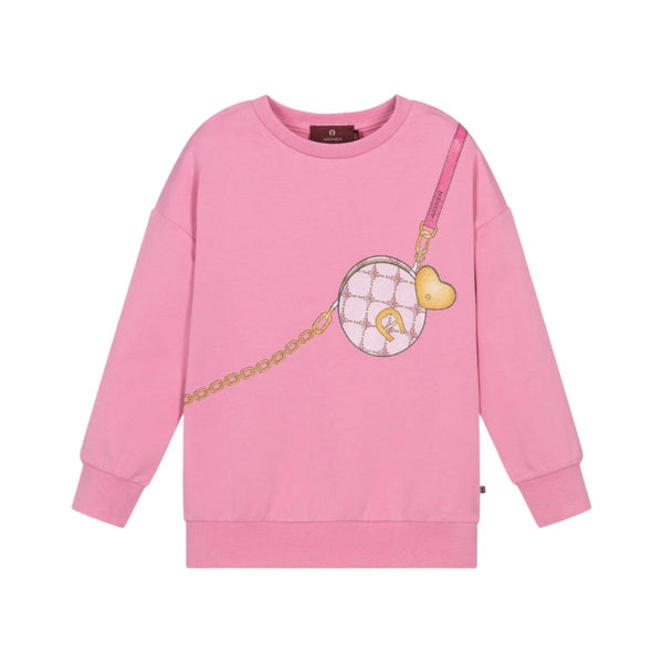 Girls Pink Bag-Print Cotton Sweatshirt