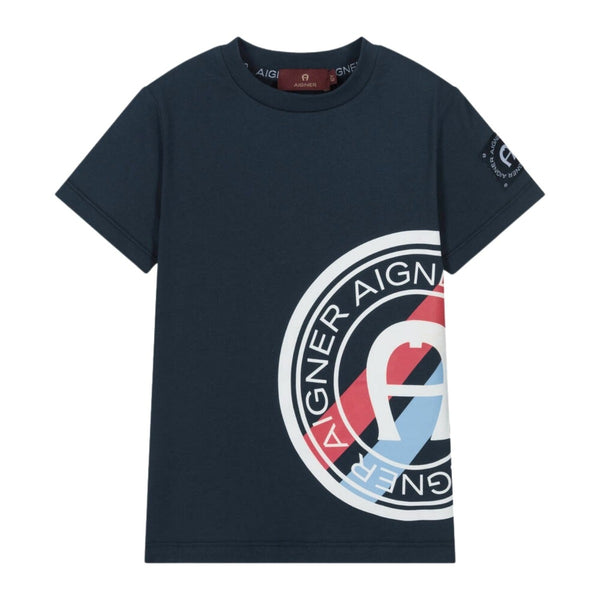 Boys Navy Blue Logo-Print Cotton T-Shirt