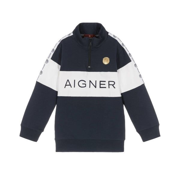 Boys Blue & White Half Zip Logo Sweatshirt