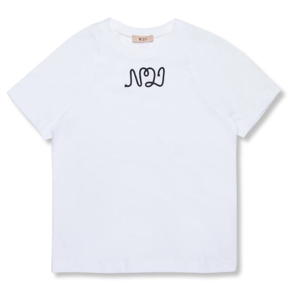 Girls White Embroidered Logo-Print T-Shirt