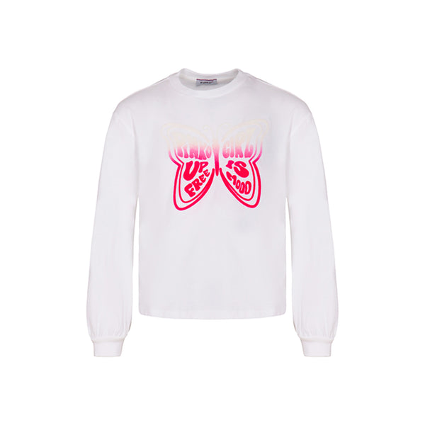 Girls White Butterfly Logo Full Sleeves T-Shirt
