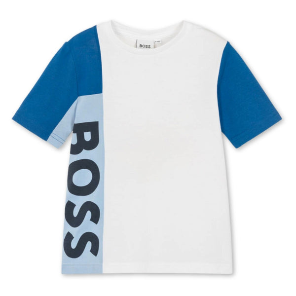 Boys White & Blue Cotton T-Shirt