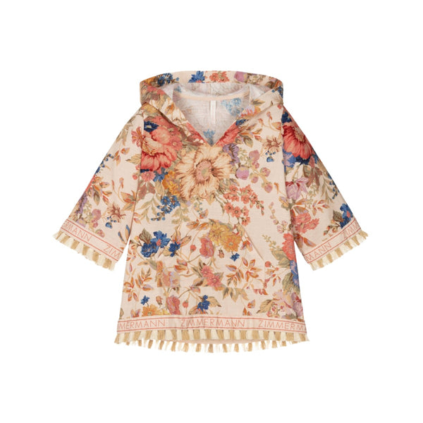 Girls Pink Floral & Tassel Cotton Beach Kaftan
