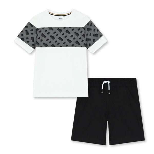 Boys Black Cotton Monogram Shorts Set