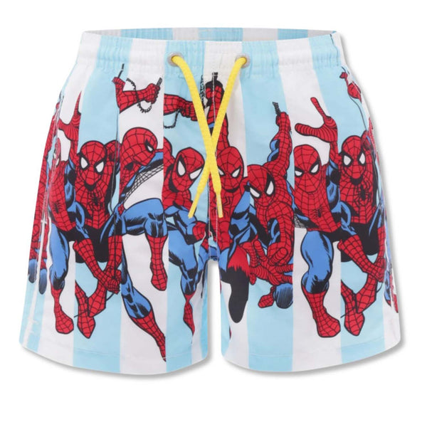 Boys Blue Spriderman-Print Swim Shorts