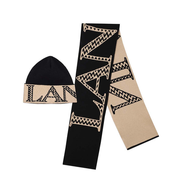 Unisex Black & Beige Logo-Jacquard Scarf & Hat Set