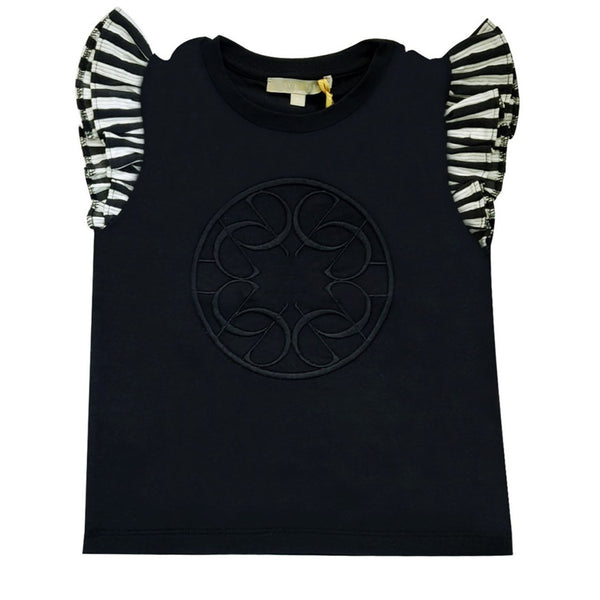 Black Logo Embroidered Top with Black & White Frilled Sleeves