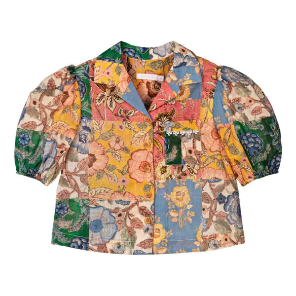 Girls Blue Floral Patchwork Shirt