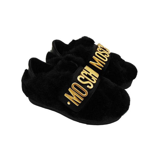 Black Faux Fur Slip On Shoes With Golden Logo Lettering