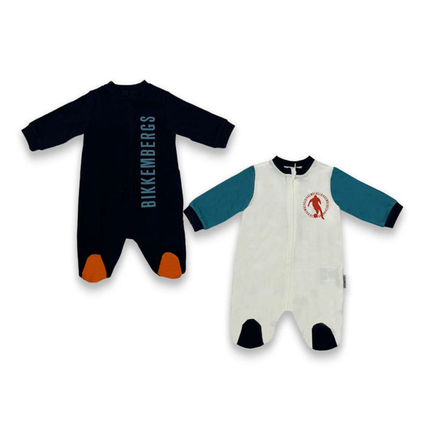 Baby Boys Blue & White Logo Print Romper Set (2 Pack )