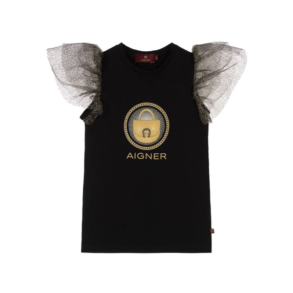 Girls Black Logo & Gold Tulle Top