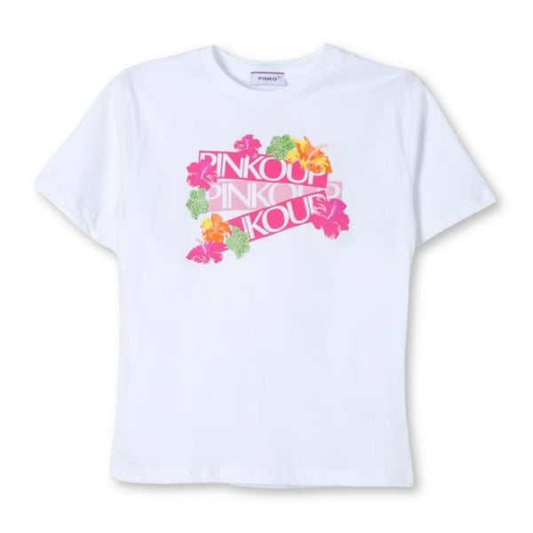 Girls White Floral-Print Cotton T-Shirt
