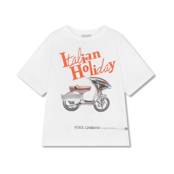 Boys White Cotton Printed T-Shirt