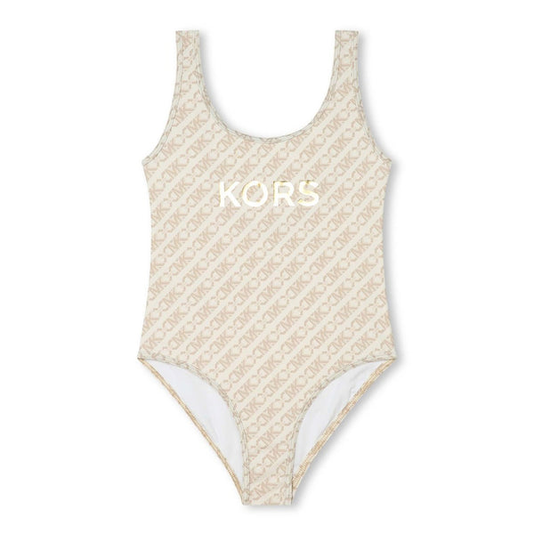 Girls Cream Logo-Print U-neck Swimsuit