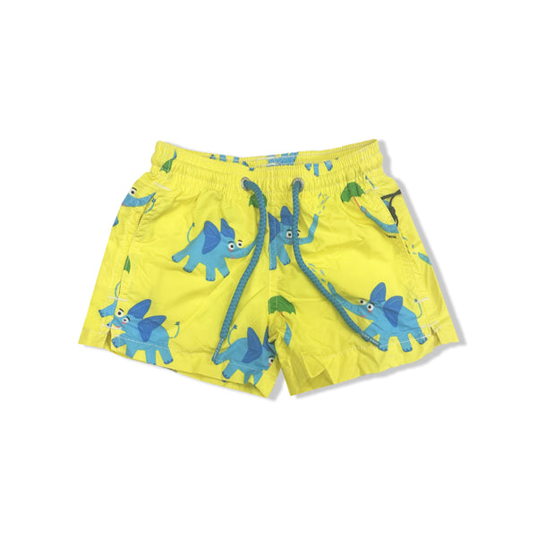 Boys Yellow Elephant-Print Swim Shorts