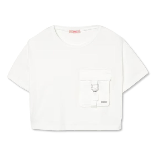 Girls White Cropped Pocket T-Shirt