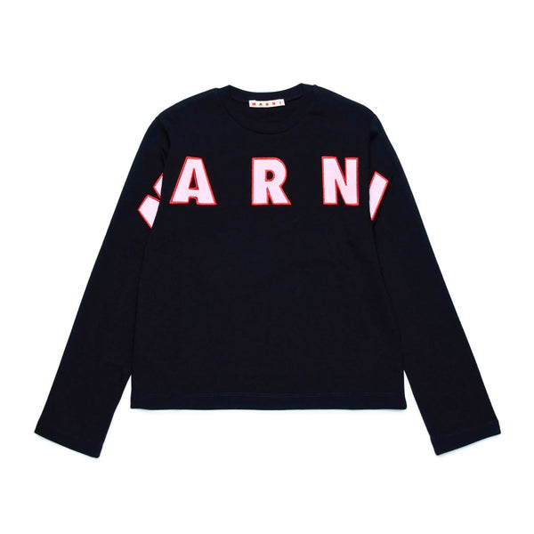 Girls Black Embroidered Logo Cotton T-Shirt