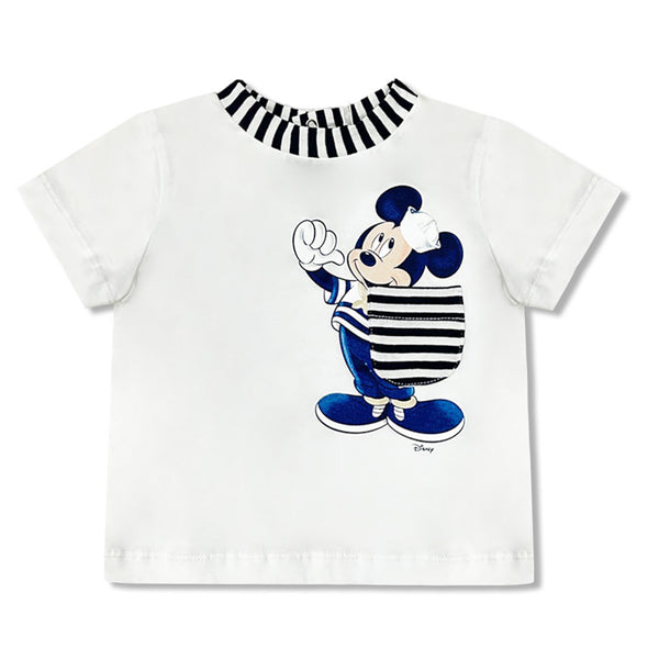 Boys White Mickey T-Shirt With Striped Pocket