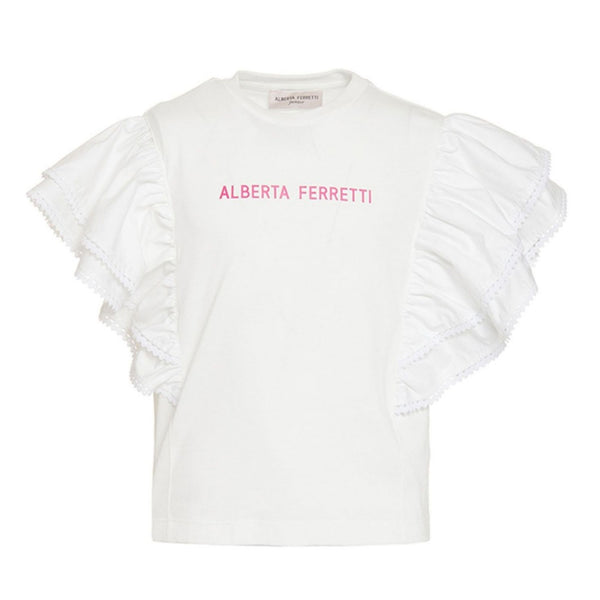 Logo Print Ruffle Detail Off-White T-shirt