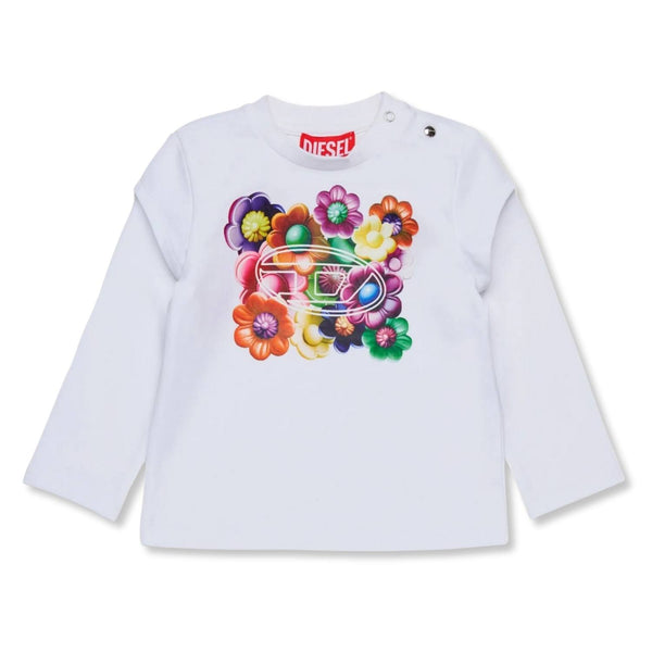 Baby Girls White Flowers Print T-Shirts