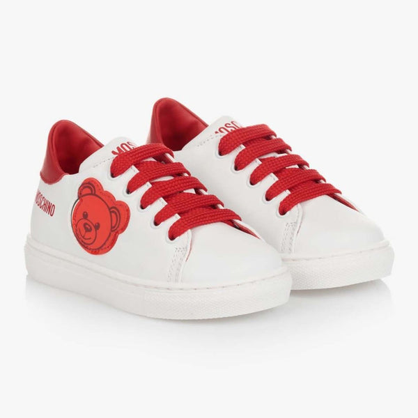 White Low-Top Sneakers With Red Detailing