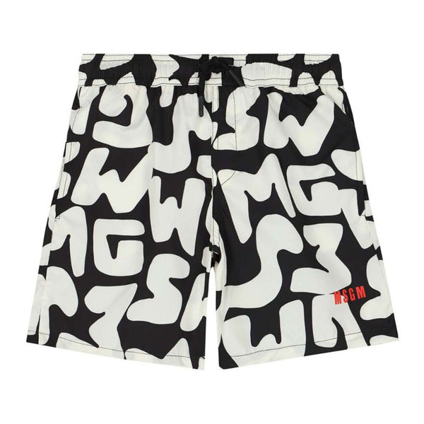 Boys Ivory & Black Logo Swim Shorts