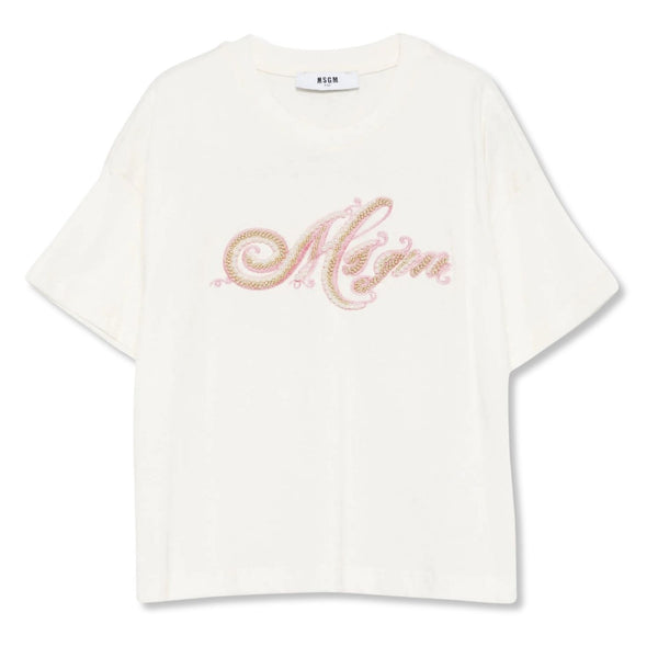 Girls Cream Pearl-Embellished Logo-Print T-Shirt