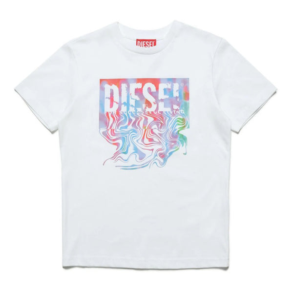 Kids White Mulitcolor Logo Fluid Effect T-Shirt