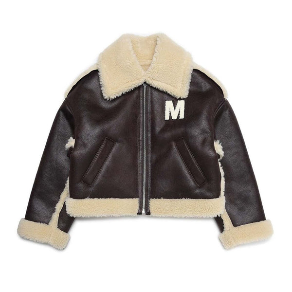 Brown jacket with faux shearling inserts