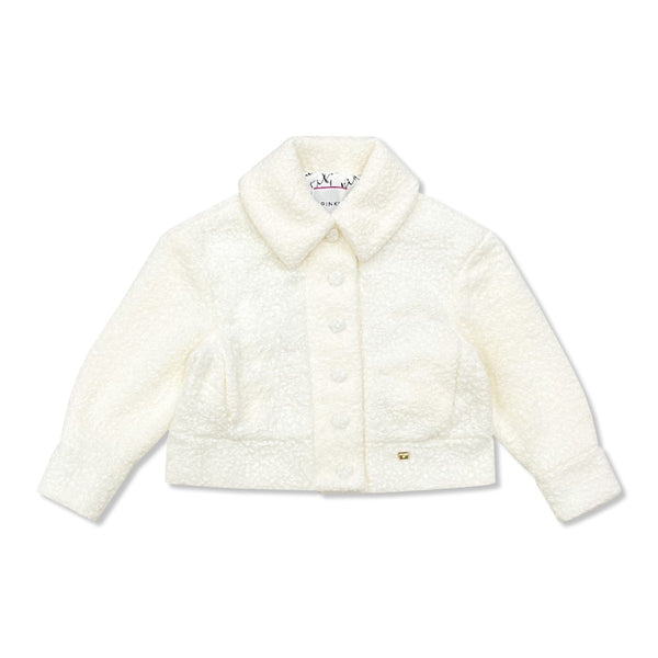 Girls Ivory Logo-Plaque Faux-Fur Jacket