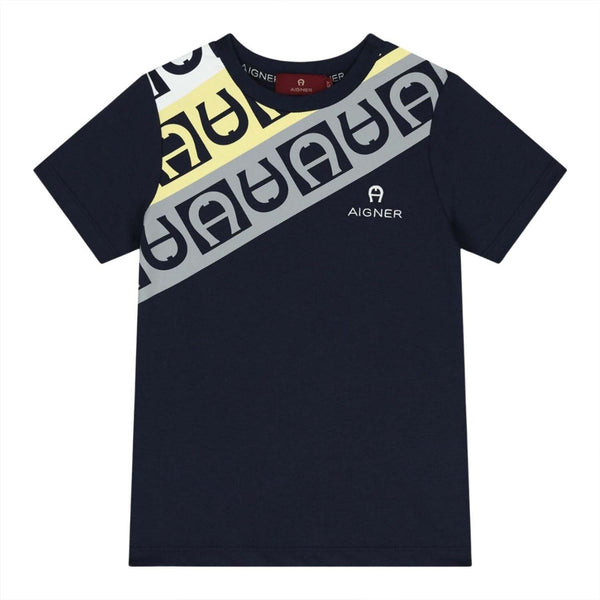 Boys Navy Blue Logo-Print T-Shirt