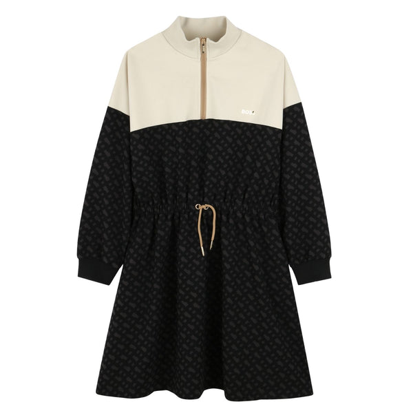 Girls Ivory & Black Logo-Print Dress