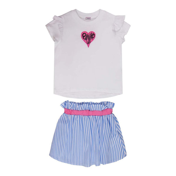 Girls White & Blue Cotton Skirt Set