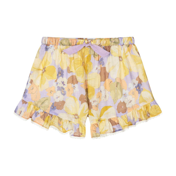 Girls Yellow & Purple Cotton Floral Shorts