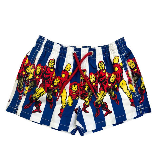Boys Blue Iron Man-Print Swim Shorts