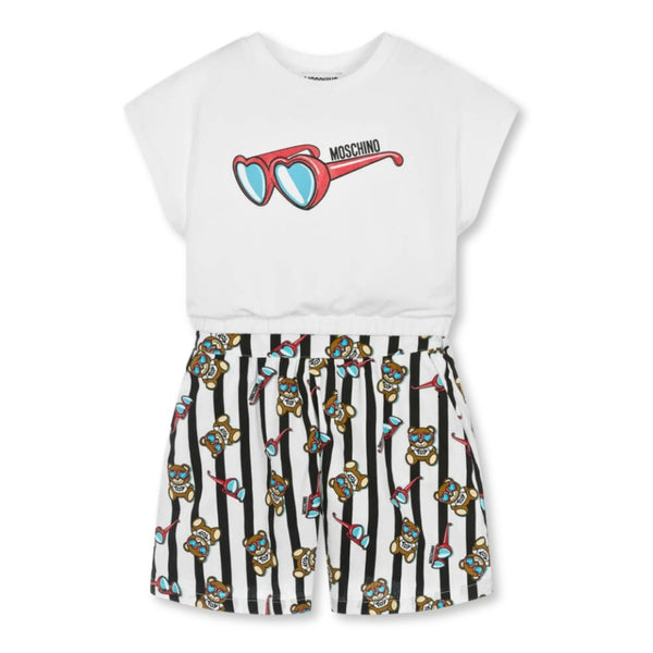 Girls White Bear Stripe Shorts Set