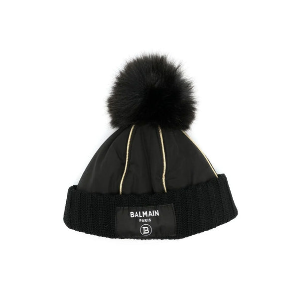 Black Logo Pom-Pom Beanie Hat