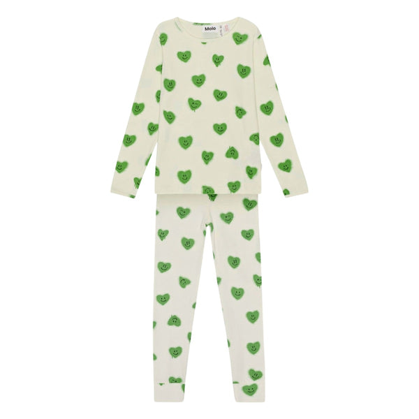 Girls White & Green Smiling Print Night Suit