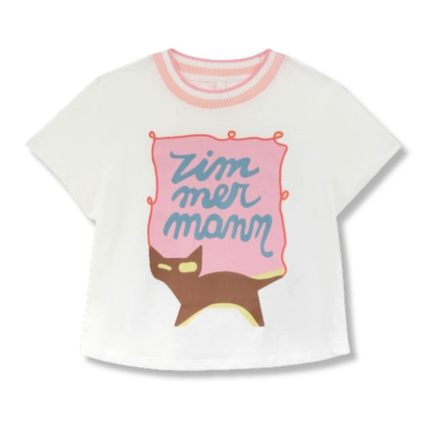 Girls White Printed Cotton T-Shirt